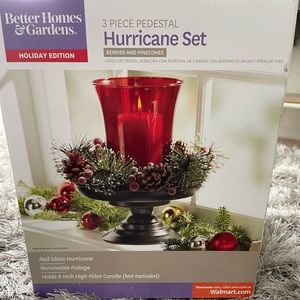 Better Homes & Garden 3 Piece Pedestal Hurricane Holiday Holly Pine Cone Wreath